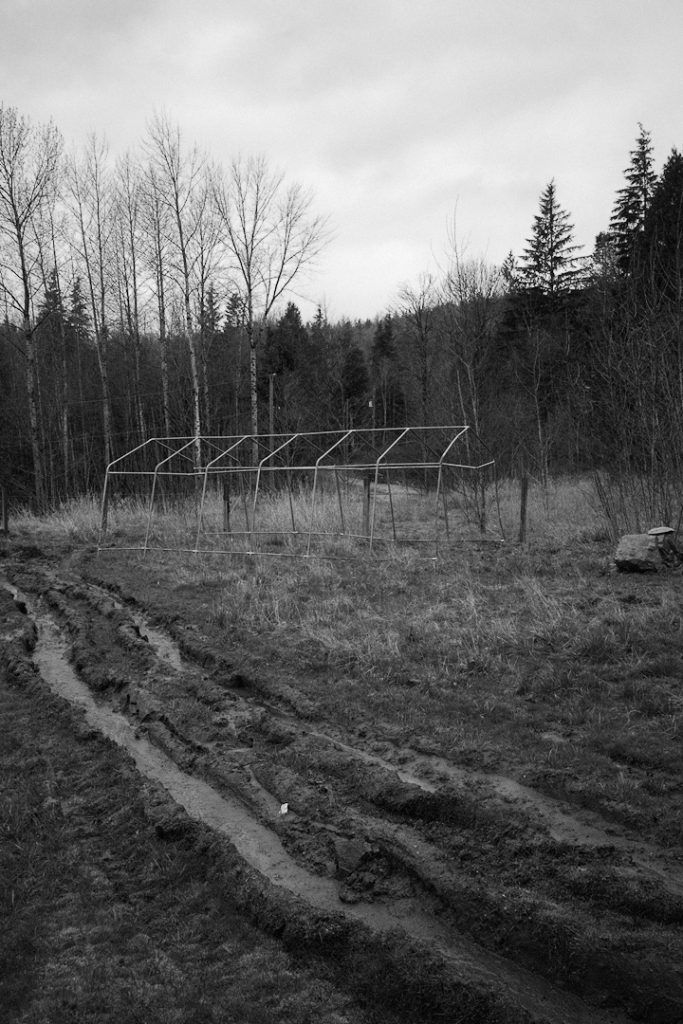 Mud tracks and a skeleton of a greenhouse. Photo: Paul Urbanski